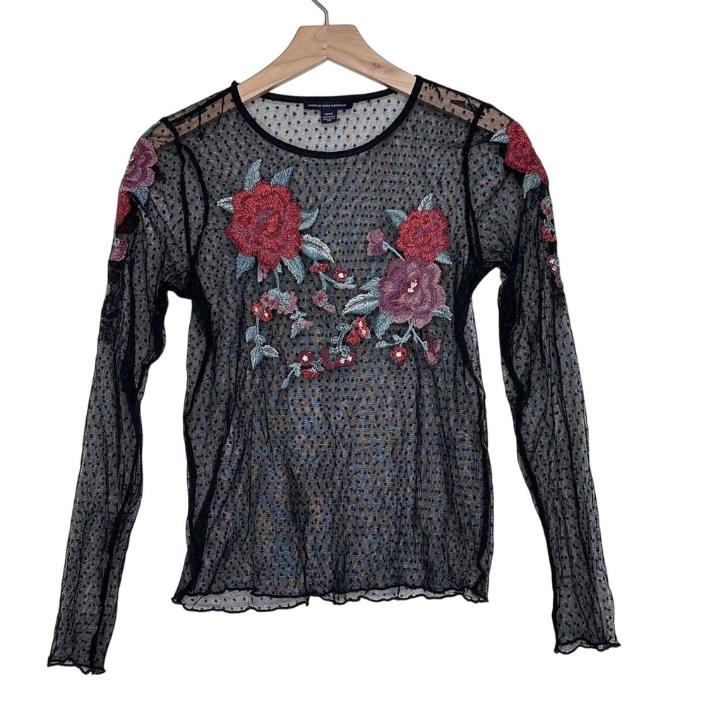 American Eagle Mesh Top Medium Black Floral Embroidered Sequin Sheer Boho